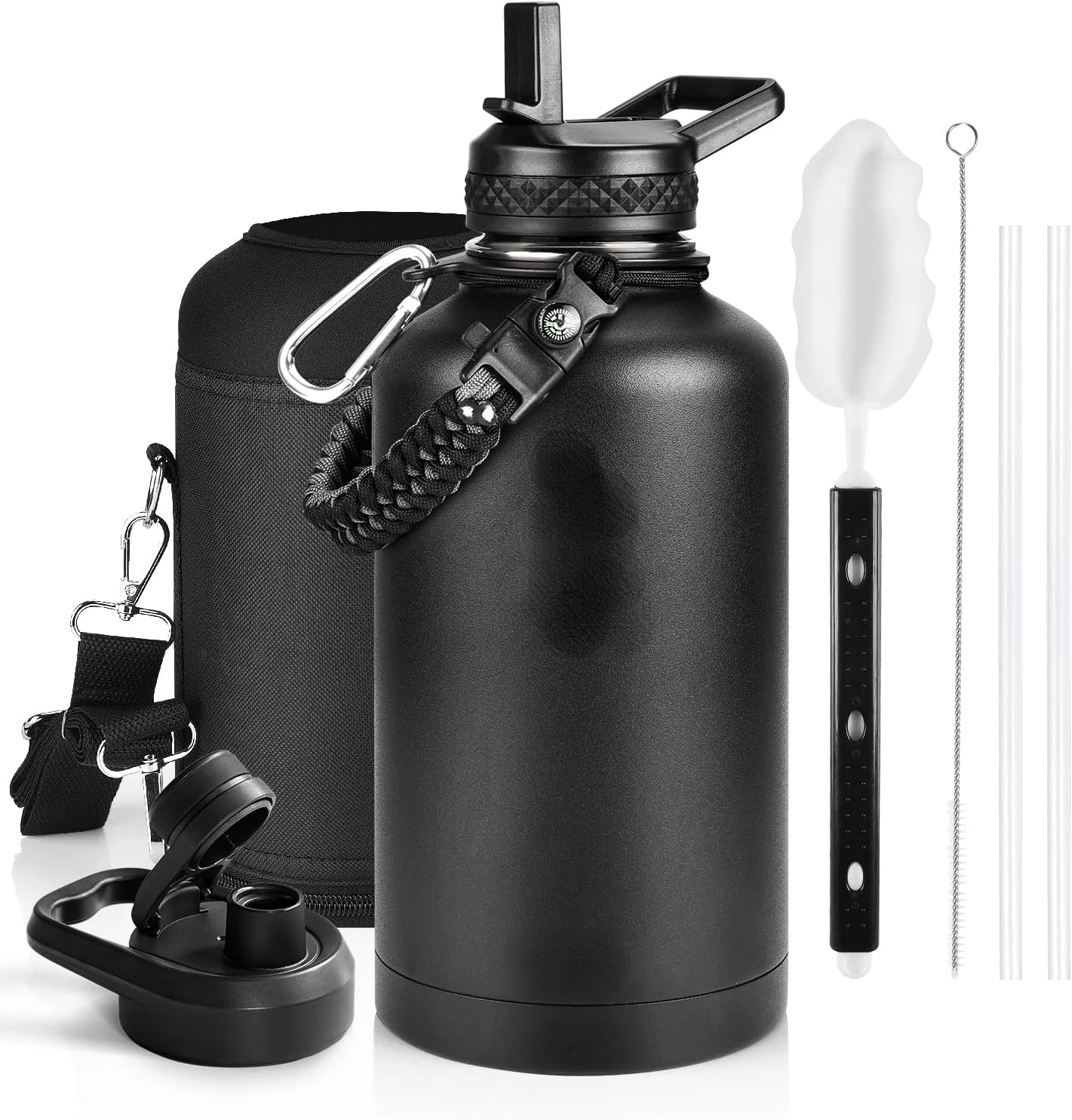 

64 oz, Triple Wall Vacuum Stainless Steel (Cold for 48 Hrs), Leak Proof & BPA-Free, Straw Spout Lids,Black