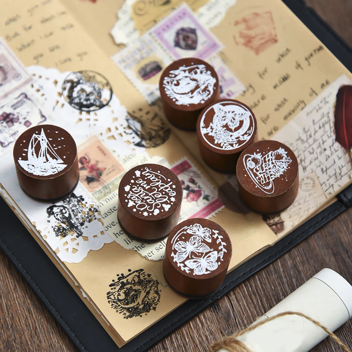 1pc Vintage Round Portable Wooden Stamp With Dream-related Creative Patterns,for Decorating Diaries Diy Scrapbooks,gift For Pal