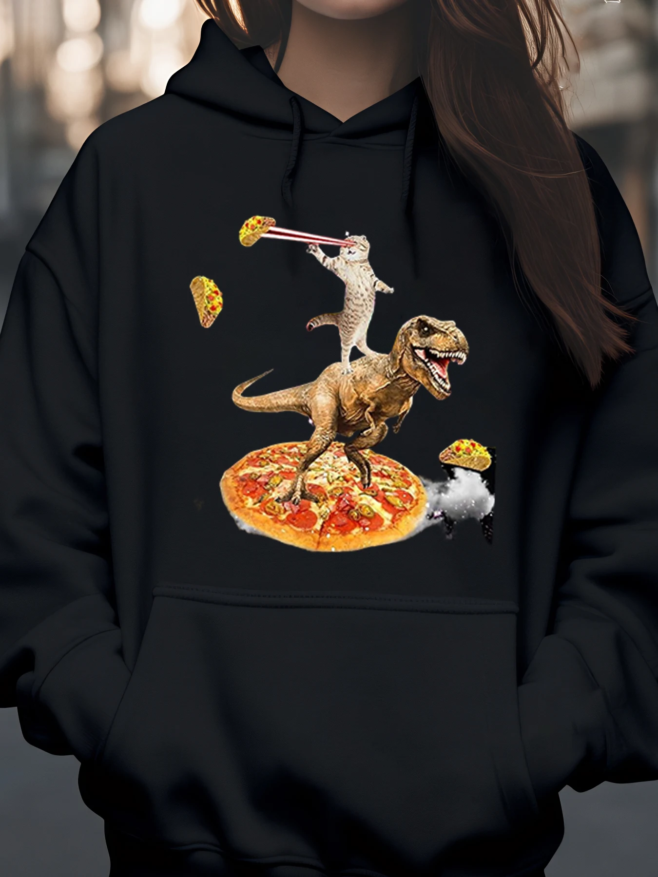 

Толстовка с принтом динозавра, кошки, пиццы, повседневная одежда на Хэллоуин, унисекс