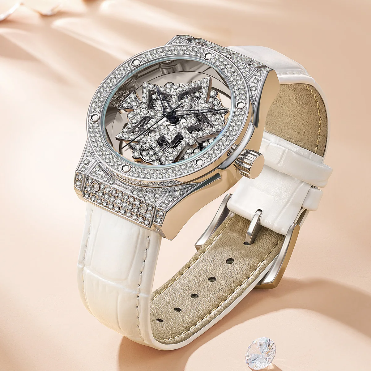 Mark Fairwhale Rotation Hollow Diamond Ladies Watch - Waterproof Leather Strap Luxury Wristwatch Elegant Fashion for Women