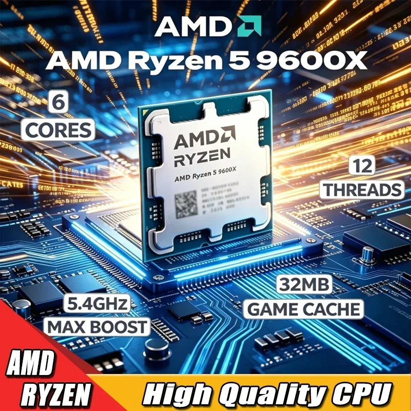 AMD 라이젠 5 9600X 100% AMD R5 9600X CPU 최대 부스트 속도 최대 5.4GHz 6코어 12스레드 32MB L3 캐시 AM5 (B850 X870용) 루즈 피스