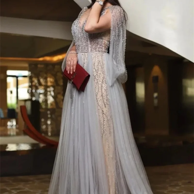 Lujoso vestido de fiesta sin mangas, vestido de cóctel con cuentas de suelo de tul, Sexy, baile con plomo en V