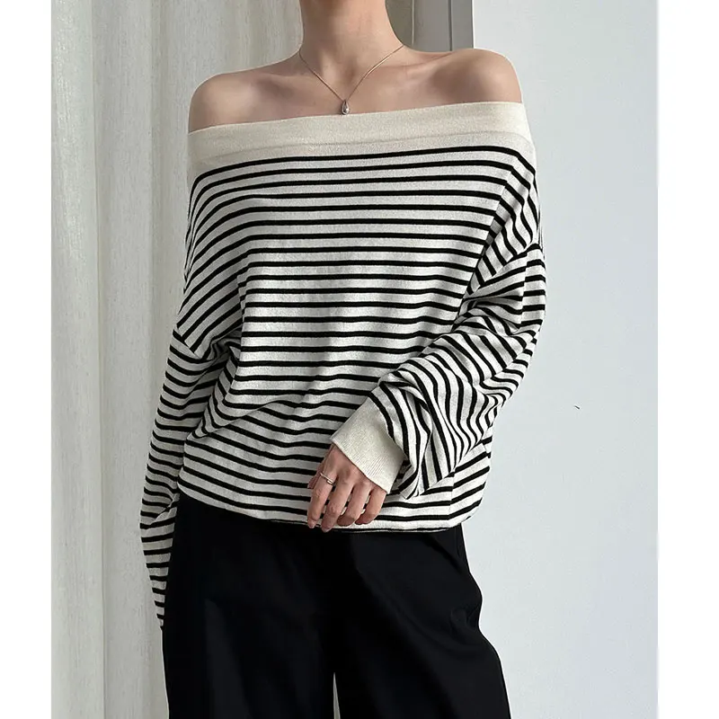 

2025 Autumn Long Sleeve Sexy One Shoulder Knitted Wool Striped Pullovers Womens Tops And Blouses Fashion Sweater Roupa Feminina