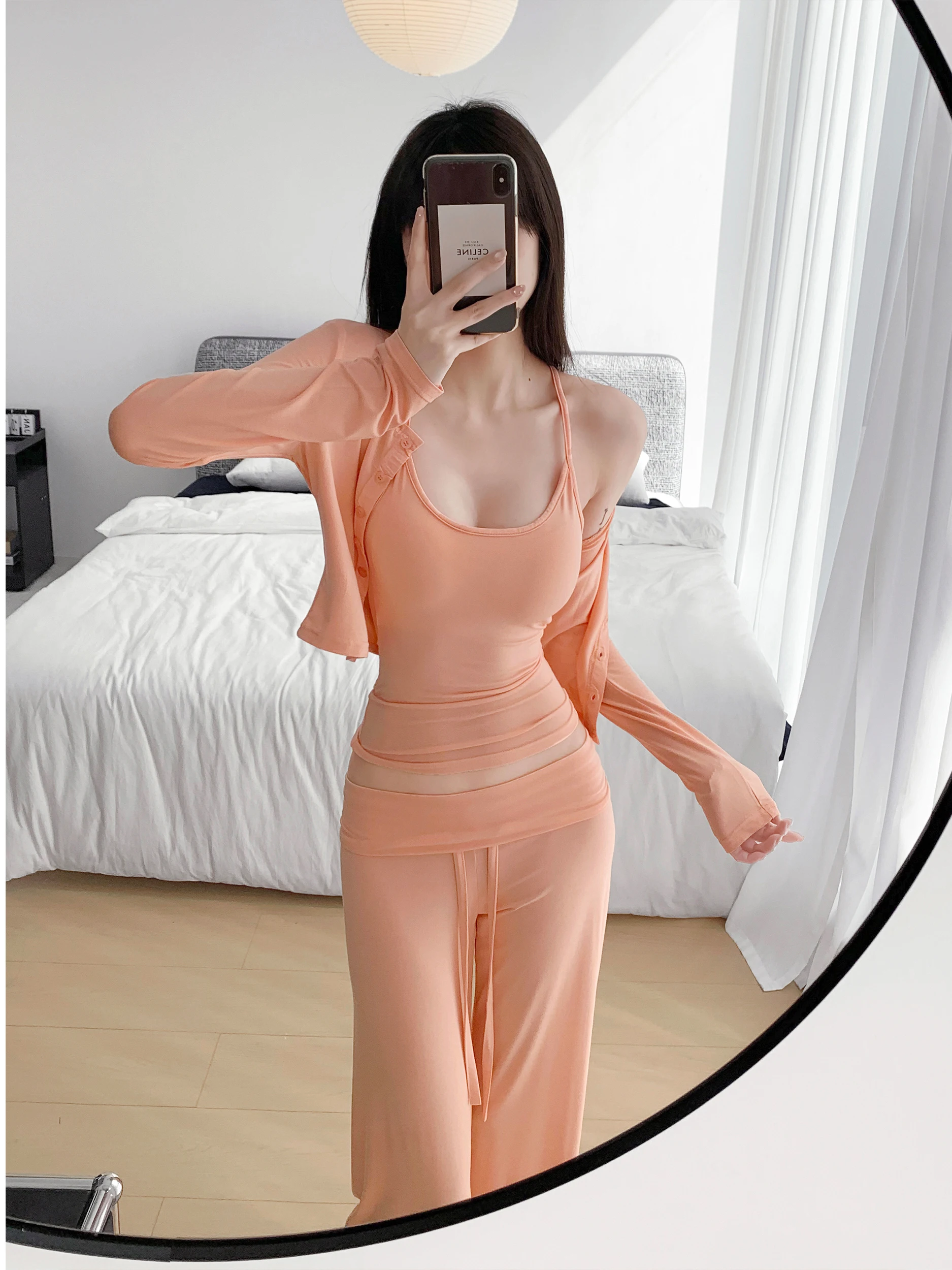Ultra Comfortable Modal Set with Chest Pad Strap Vest Open Cardigan Straight Leg Micro Flare Long Pants Women's Casual Sports...