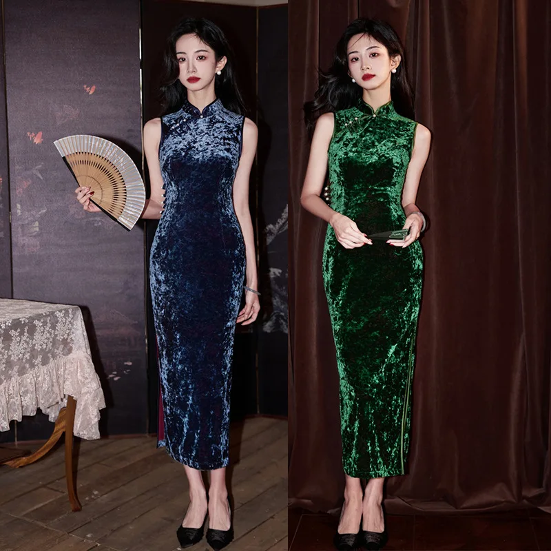 

Весенне-летнее новое бархатное тонкое платье Cheongsam в китайском стиле, старое Шанхайское элегантное платье Ципао с улучшенным темпераментом
