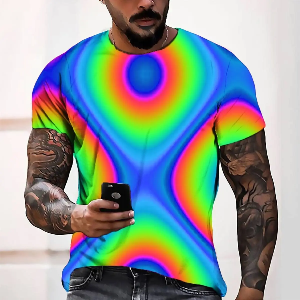 

Красочная абстрактная текстурная печать, суперэластичная повседневная мужская футболка с короткими рукавами для повседневной вечеринки, дома, социальная уличная футболка с круглым вырезом