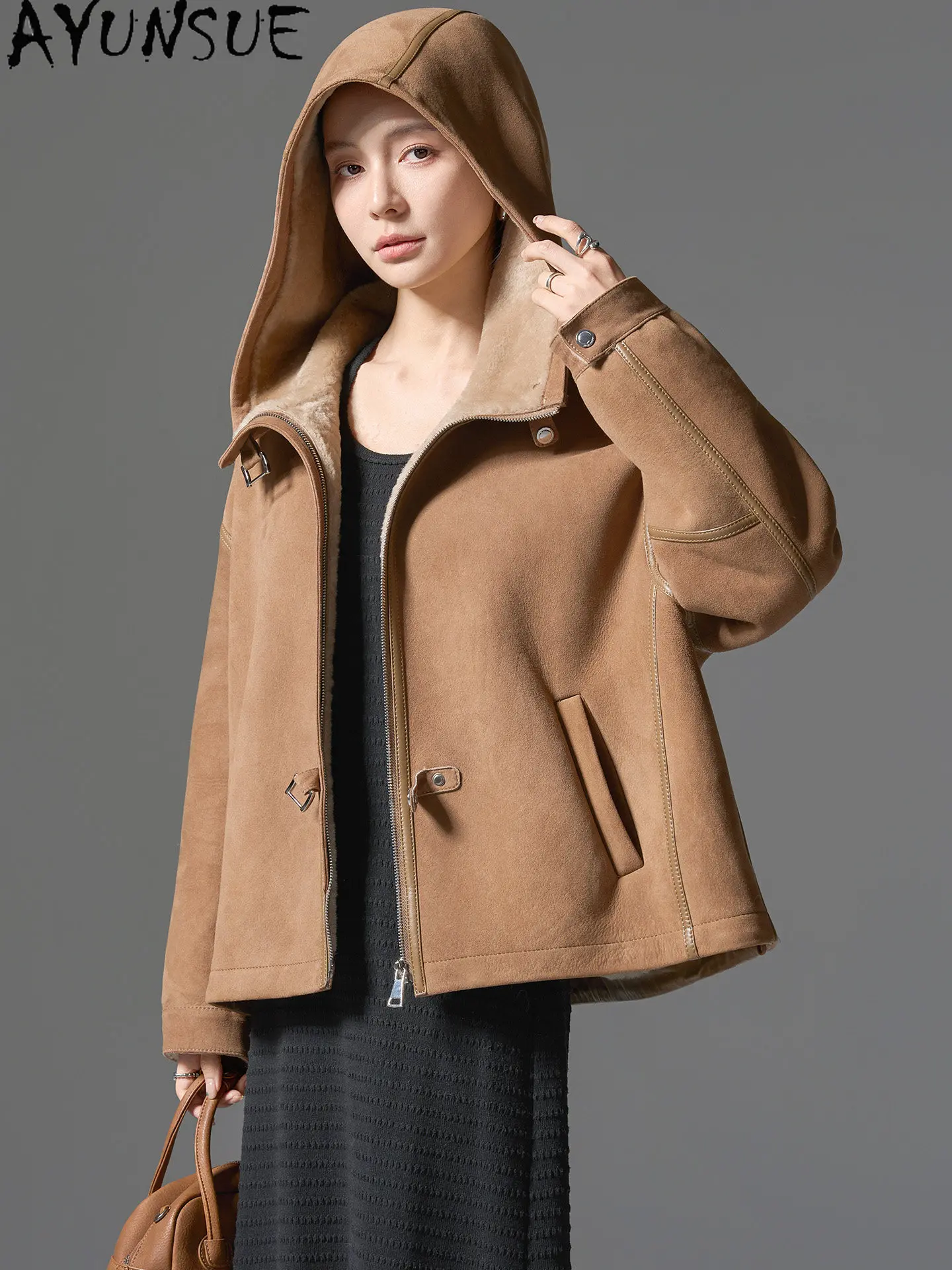 AYUNSUE Natural Sheep Fur Coats Woman Warm Velvet Real Fur Coat Women Winter Jacket Fashion Hoodie Loose Clothes Пальто Женское