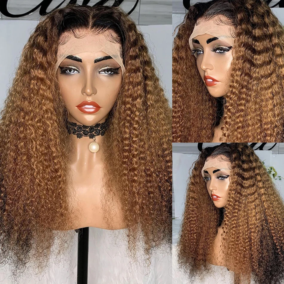 

Soft 26Inch Long 180Density Ombre Blonde Brown Kinky Curly Lace Front Wig For Black Women Baby Hair Daily Preplucked Glueless