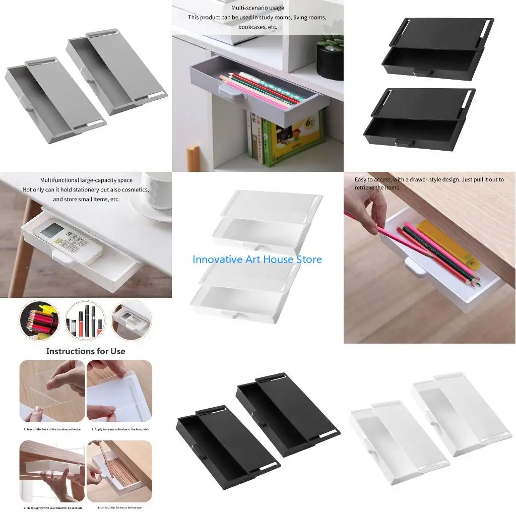 E1PC Plastic Hideaway Bin With Strong Sticky Backing Under Desk Organizers Plastic Storage Boxes For Kitchen Office Home Use