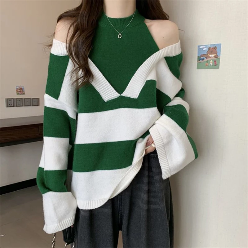 Y2K Streifen Halter Frauen Pullover Koreanische Gestrickte Lose Patchwork Weibliche Pullover Herbst Adrette Alle Spiel Chic Damen Tops