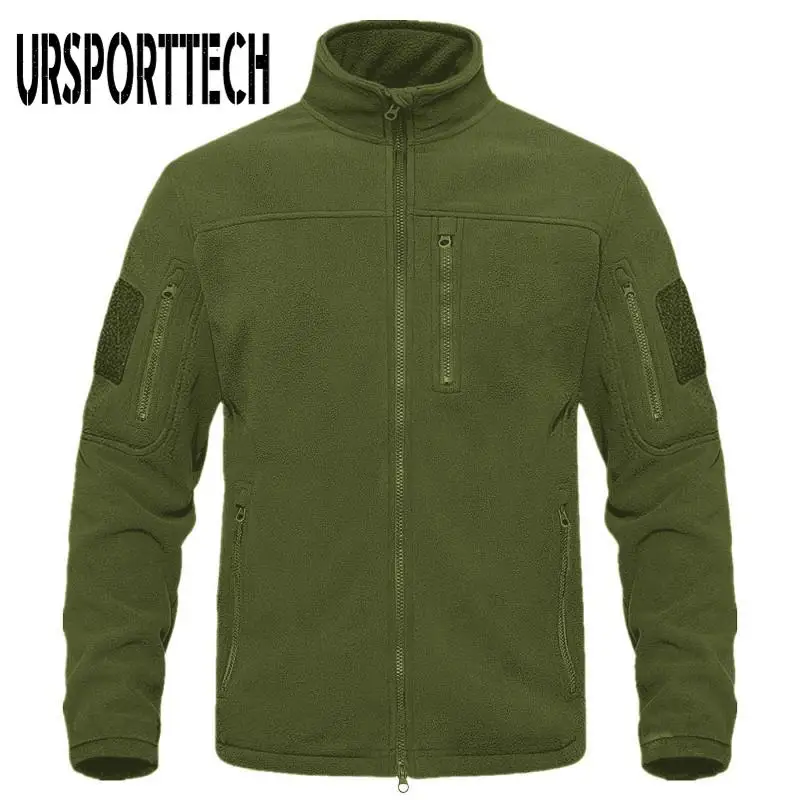 

URSPORTTECH Zip Up Tactical Green Fleece Jacket Men Thermal Warm Work Coat Male Pockets Safari Jacket Hiking Outwear Windbreaker