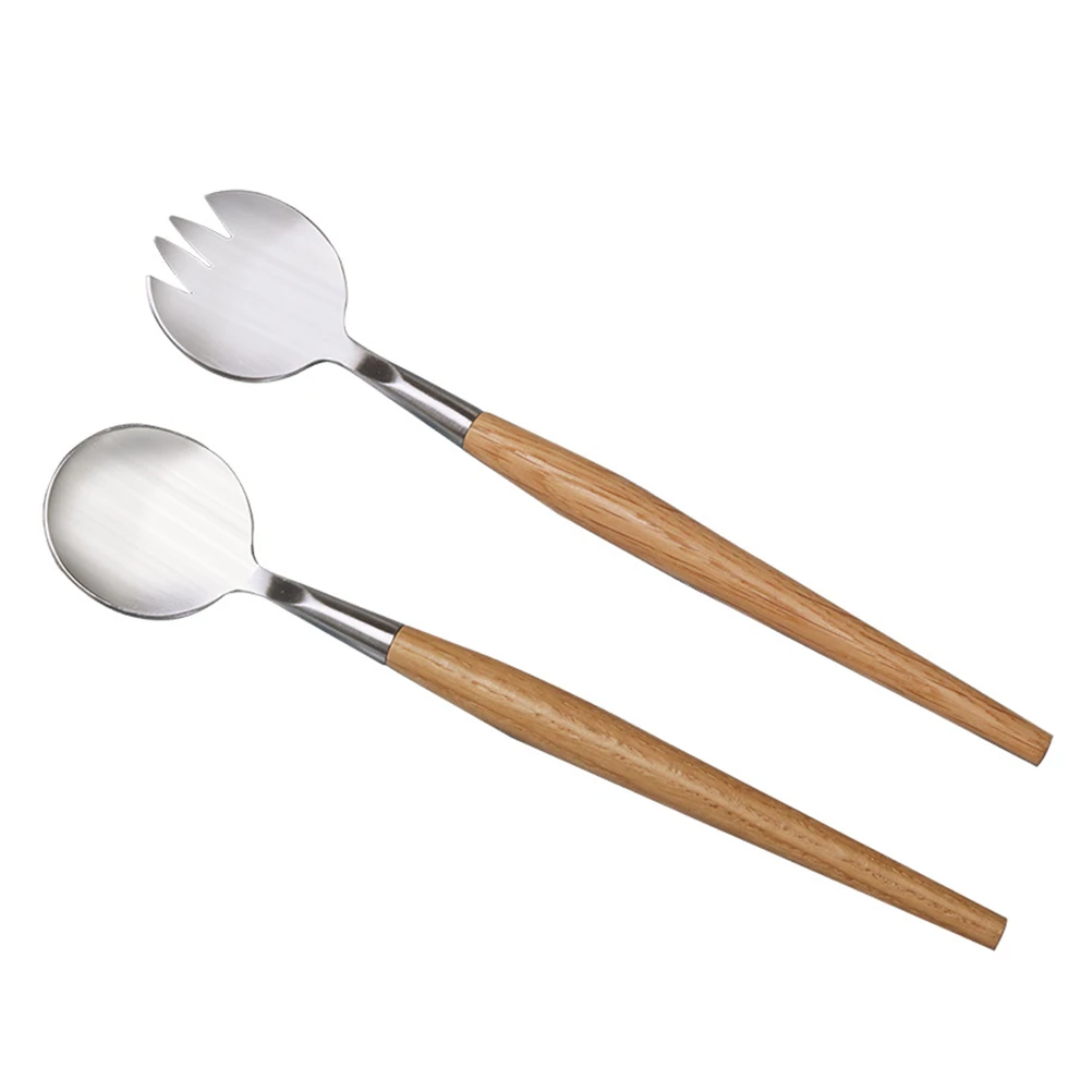 

2pcs Stainless Steel Fork Set Wooden Handle Salad Servers Flatware Kit For Fruit Picnic Tableware Easy Hold Classic