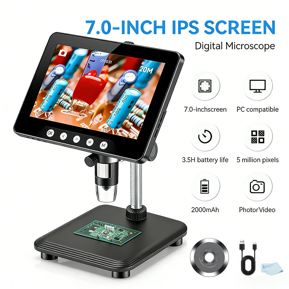Microscópio Digital IPS de 7" com Ampliação de 1600X, 2MP USB, Microscópios Eletrônicos Profissionais para Reparo de Moedas e PCB com LED