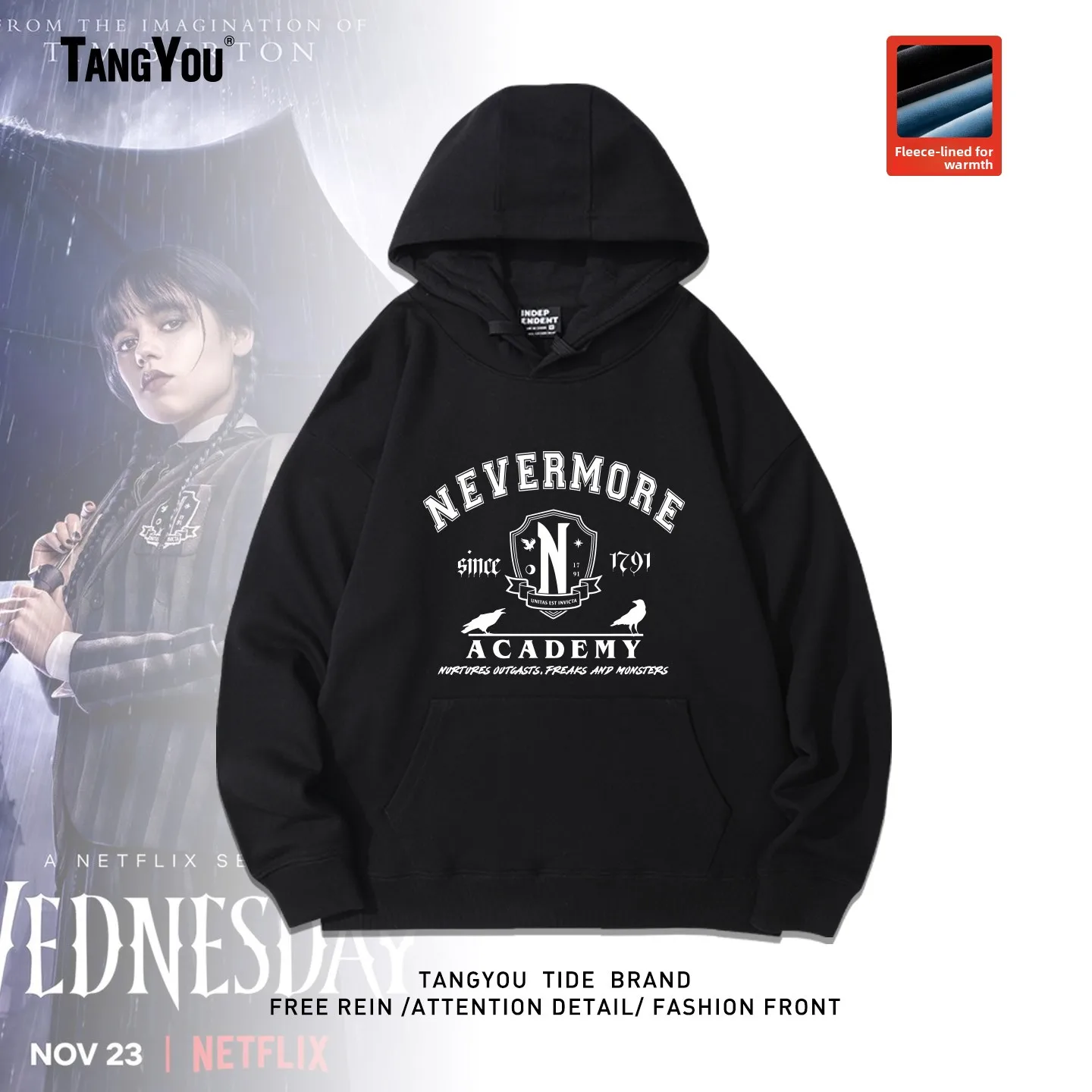 

Американская ретро-толстовка в стиле колледж с капюшоном, дизайн Wednesday Addams, с изображением девушки-оборотня, на хлопковой флисовой подкладке, теплая, с капюшоном