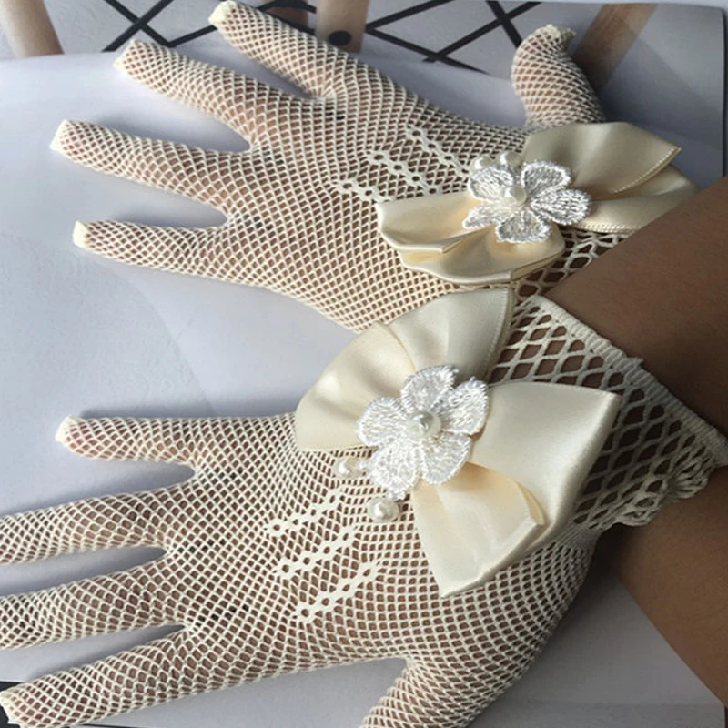 1 Pair Sunscreen Gloves Bride Gloves Lace Faux Pearl Fishnet Gloves Elegant Ceremony Accessories Wedding Party Girl