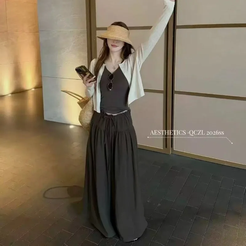 2026 Summer New Long-sleeved Cardigan Vest Bottoming Wide-leg Pants Three-piece Set.