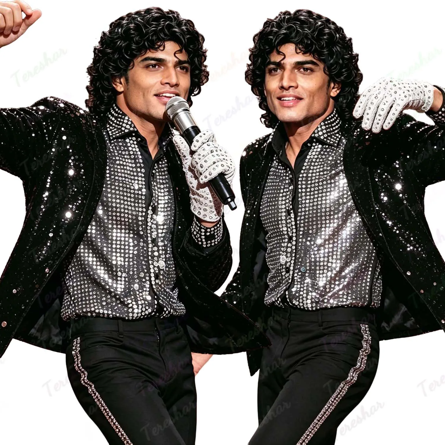 Synthetic Mens Black Long Curly Wavy Wig+Glove, 80s Rocker Funny Wigs for Retro Halloween Party Use, Michael Jackson Cosplay Wig