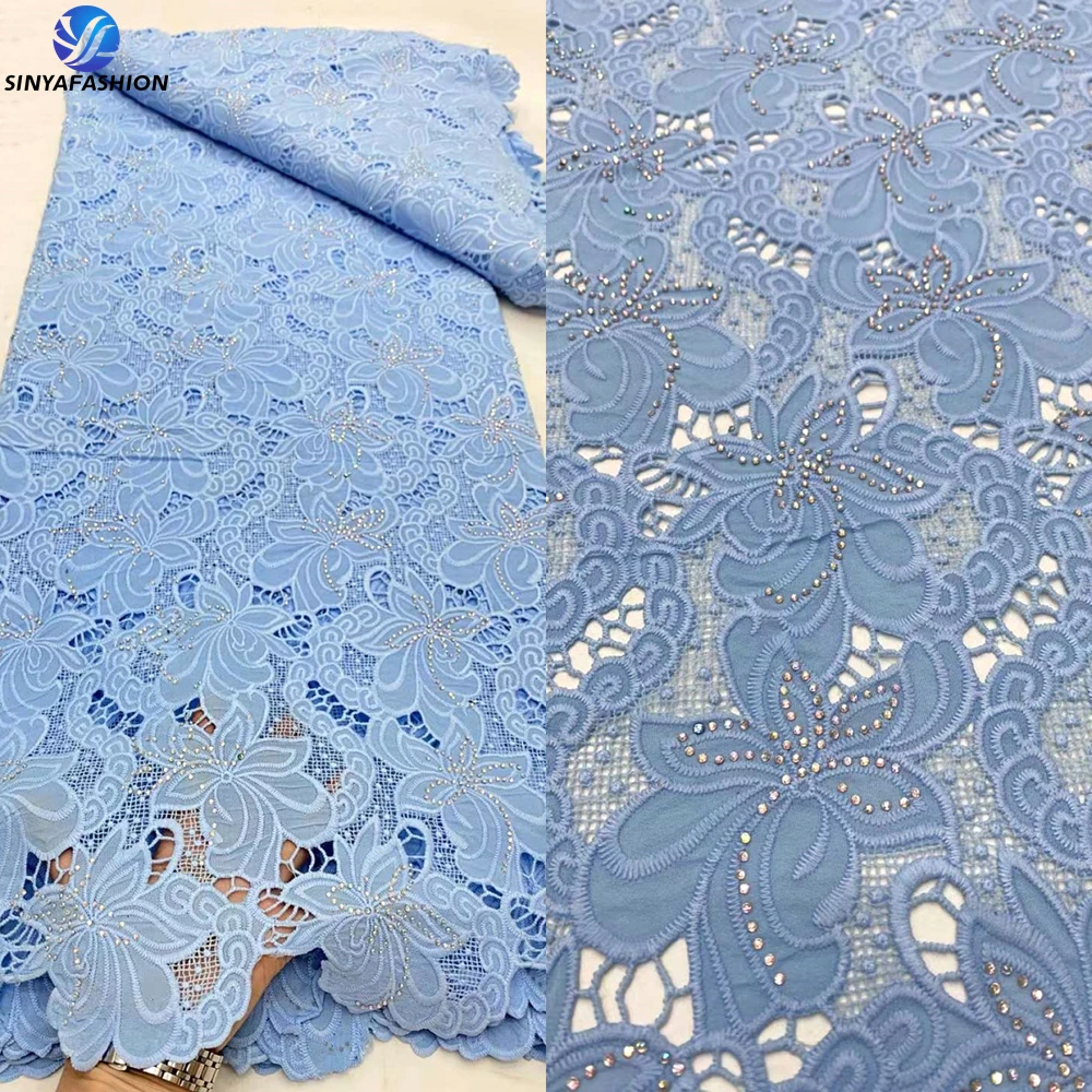 Sinya African Cotton Laser Chiffon Cord Lace Fabric With Stones Hot Sale White Embroidered Guipure Lace For Wedding Party Dress