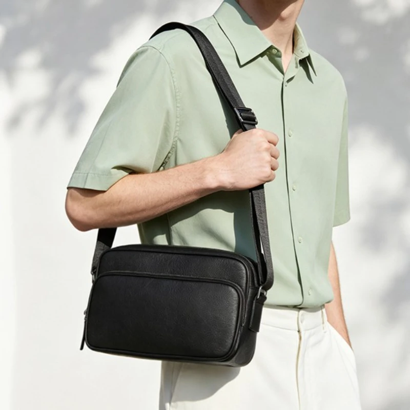 Top layer cowhide high-end crossbody bag, portable horizontal square shoulder bag, versatile and trendy men's small square bag