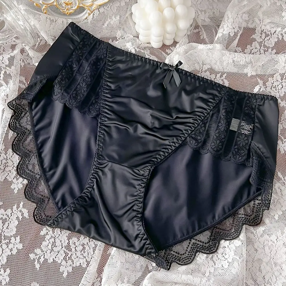 

Mid Waist Lightweight Ice Silk Underwear Satin Soft Lace Panties Smooth Embroidery Ruffle Panties Ladies