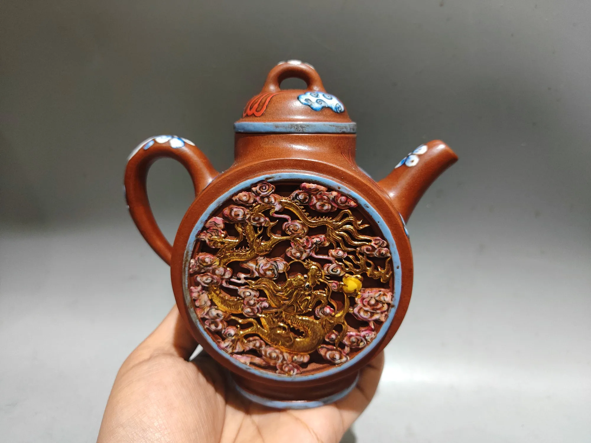 Old Chinese Handicraft Enameled YiXing Zisha (red stoneware) Teapot,Gold-inlaid Polychrome Carved Dragon Pattern