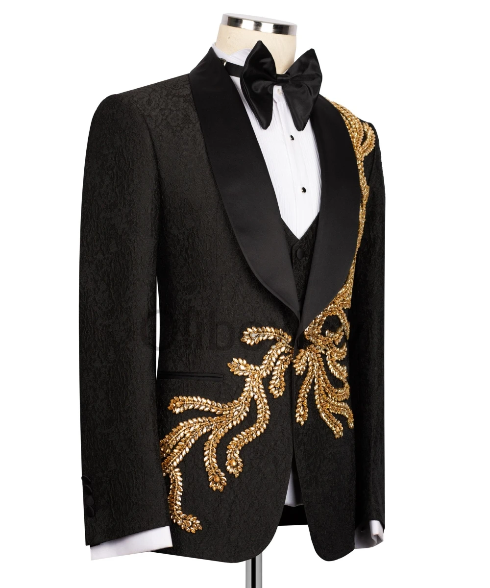 Olibexley Luxury Black Men Suits Set 3 Piece Gold Crystal Diamond Beaded Tuxedo Wedding Groom Blazer Ropa Hombre Customized S221
