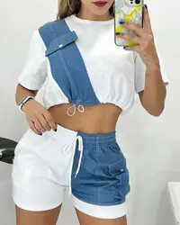 Two Piece Sets Womens Outifits 2023 Summer Fashion Denim Patch Round Neck Short Sleeve Top & Casual Drawstring Pocket Shorts Set