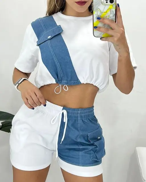Conjunto de dos piezas para mujer, Top de manga corta con cuello redondo y pantalones cortos con bolsillo con cordón, moda de verano, 2023