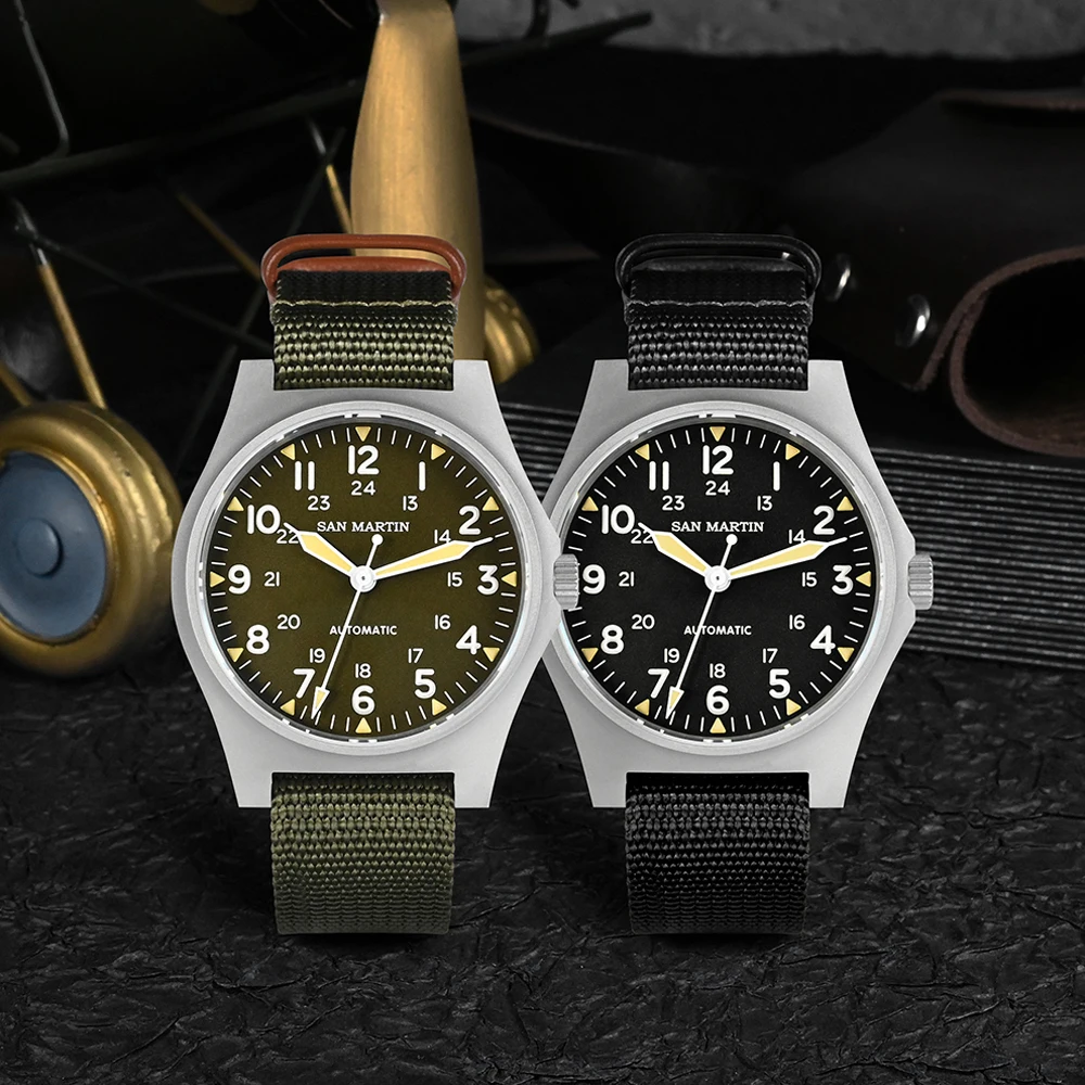 San Martin 38mm NH35 Retro Military Pilot Watch Bead Blasted Case Automatic Mechanical Watches for Men 10Bar Waterproof Luminous
