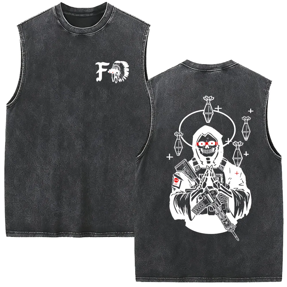 Forward Observations Group Vintage Washed Tanktops Skelett Ärmellose Weste T-Shirt Herrenmode Oversized Rundhals-Streetwear – Detail 7