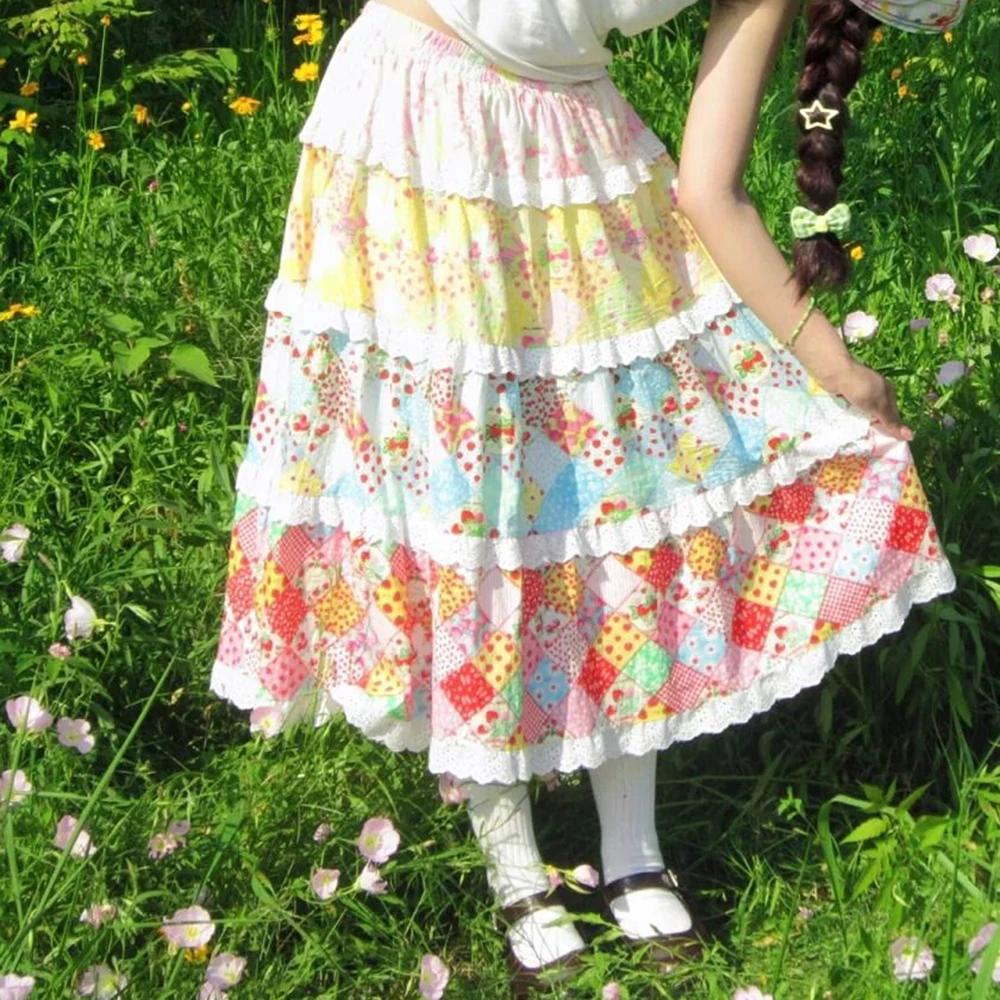 Design summer color printing splicing floral pastoral skirt new sweet spring and summer high waist long skirt skirt women