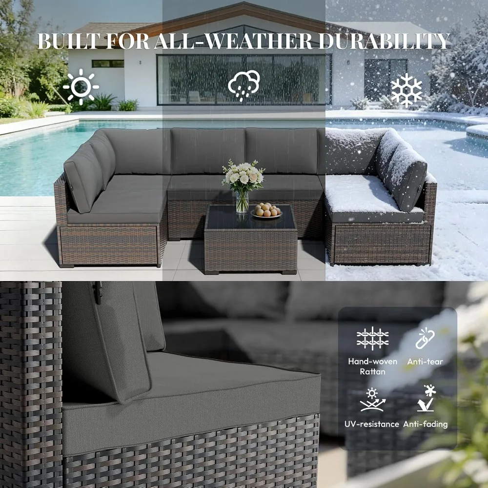 Conjunto de Sofá Seccional de Mimbre para Exteriores de 7 Piezas, Resistente a la Intemperie, Muebles Modulares para Patio, Jardín, Piscina, Personalizable