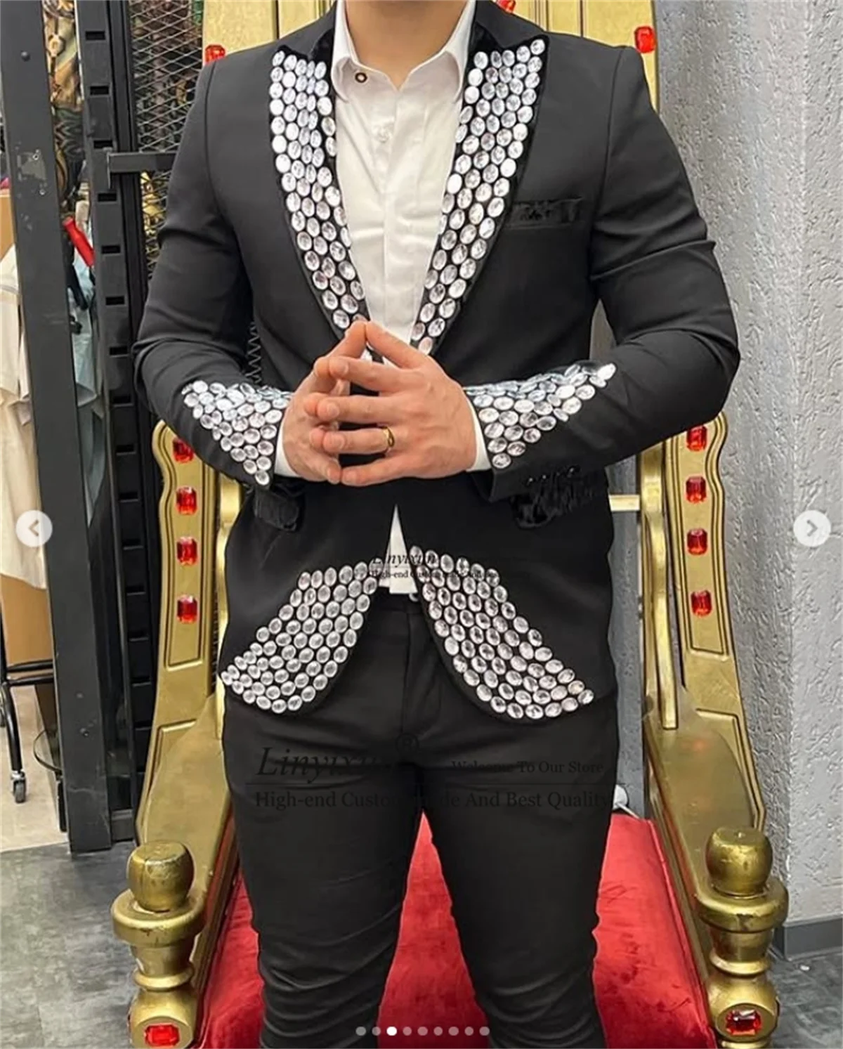 Glitter Crystals Men Suits 2 Pieces Sets Customized Groom Tuxedos Slim Fit Wedding Male Party Blazers Business ropa hombre