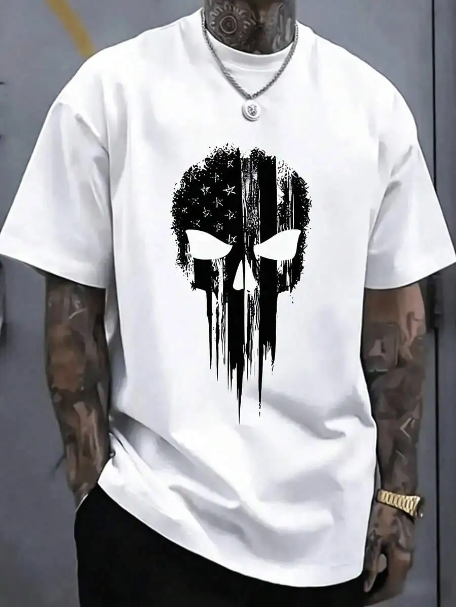 1PC Men White Crew Neck Tee American Flag Skull Drip Grunge Print Loose Streetwear Short Sleeve T-Shirt 100% Cotton Trendy Y2K