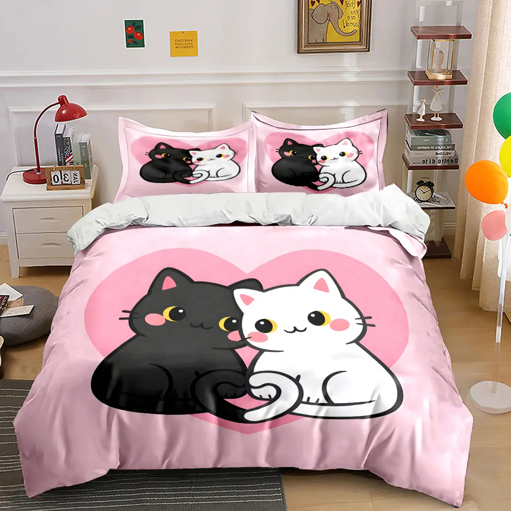 Sweet black and white cats cuddling with a heart Print Bedding set 3PC 1 duvet cover 2 pillowcases adult children bedding set