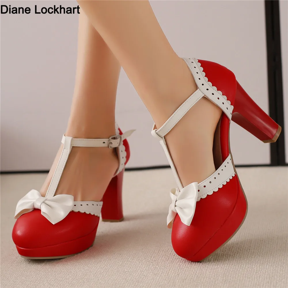 

Women's High Heels T Strap Round Toe Heel Pumps Women Platform Pumps with Bow Party Wedding Shoes Chaussures de Femme Size35-48