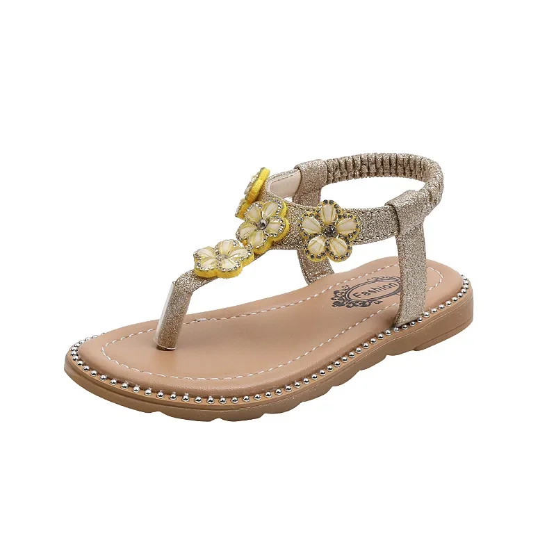 Summer New Girls Sandals Flowers Leather Princess Shoes Soft Sole Kids Shoes Sandalias Baby Child Sandals Solid Color Flip Flops