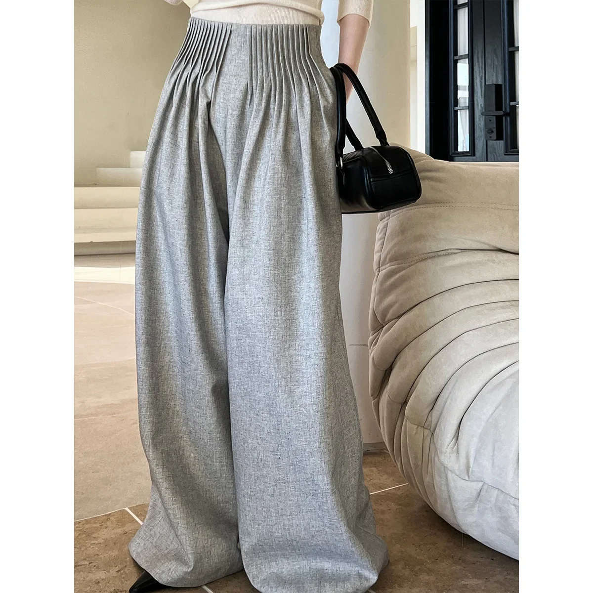 Women Clothing Fashion Casual Design Sense Pleated Suit Pants 2024 Autumn New Girls Solid Color Simple High Waist Wide Leg Pants