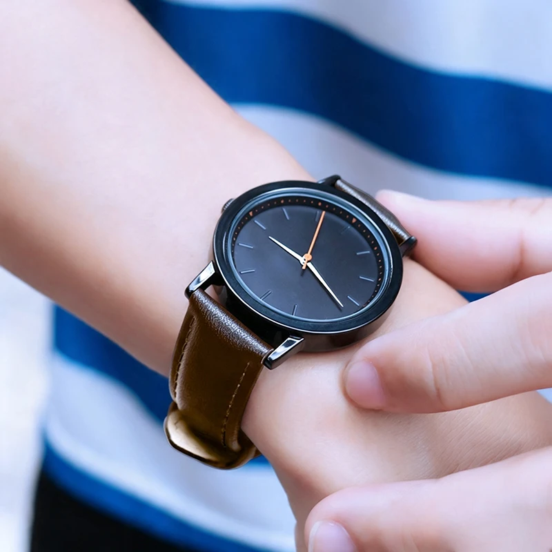 Men's Minimalist Quartz Watch Leather Strap 3ATM Waterproof Three Hands Casual Analog Wrist Watch for Students Teens Daily Gif