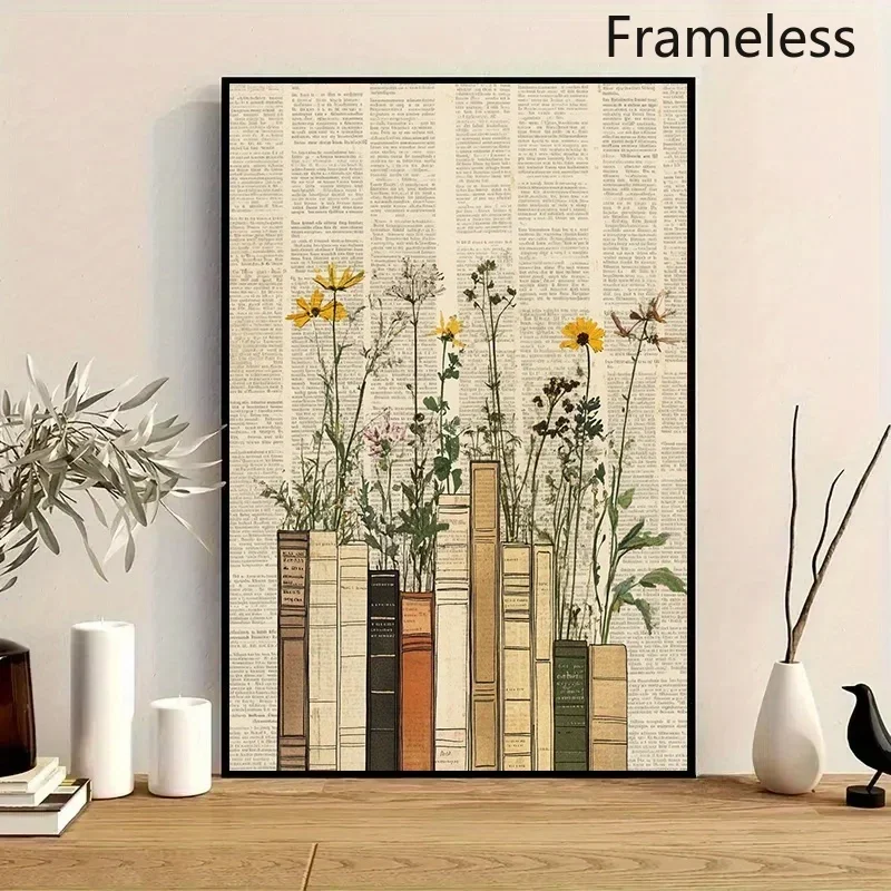 2D Flat, 1pc Vertical Modern Botanical Book Spine & Canvas Poster - Frameless Suitable for Living Room, Bedroom, Office Decor
