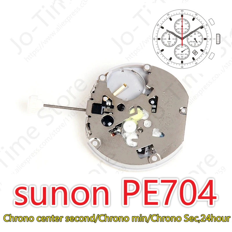 Mechanizm PE704 Chiny Sunon PE70 Mechanizm Trzy wskazówki Z 4 oczami Chrono center drugi Chrono min chrono sek, 24 godziny