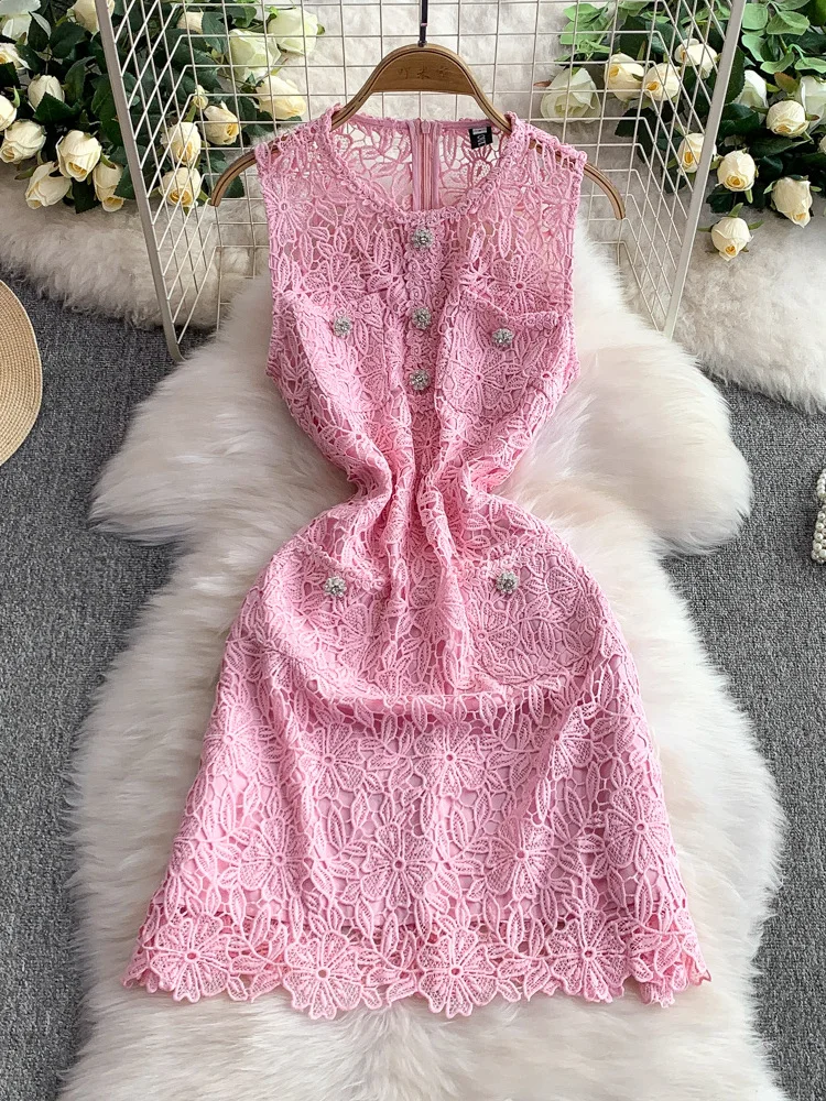 

Ele Lace round Ne Svel Dr Women's Summer Slimming ort Skirt Heavy Embroidery High Waist A-Line Korean Sle