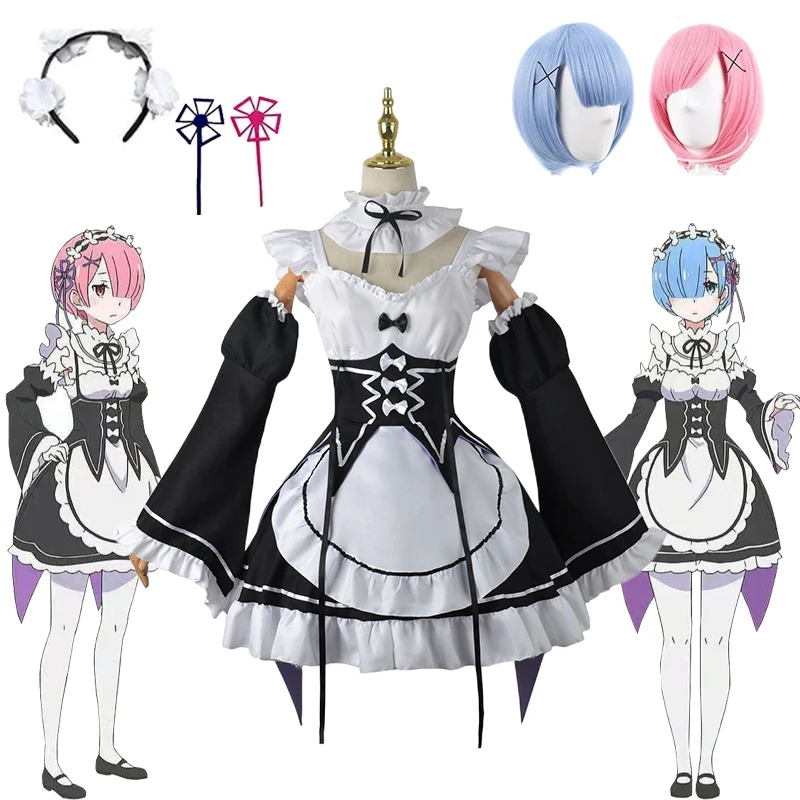 อะนิเมะ Rem Ram ชุดคอสเพลย์ Re: Zero Kara Hajimeru Isekai Seikatsu Kawaii แม่บ้าน Servant ชุดวิกผมถุงเท้าเครื่องแต่งกายวันฮาโลวีน