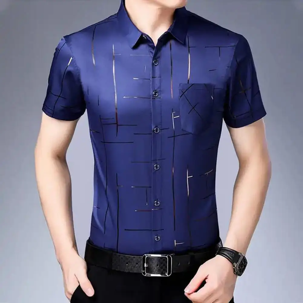 Formal Dress Shirt Men Short Sleeve Fashion Stripe Print Buttons Single Breasted Turn-down Collar Slim Male Shirt Top Wedding