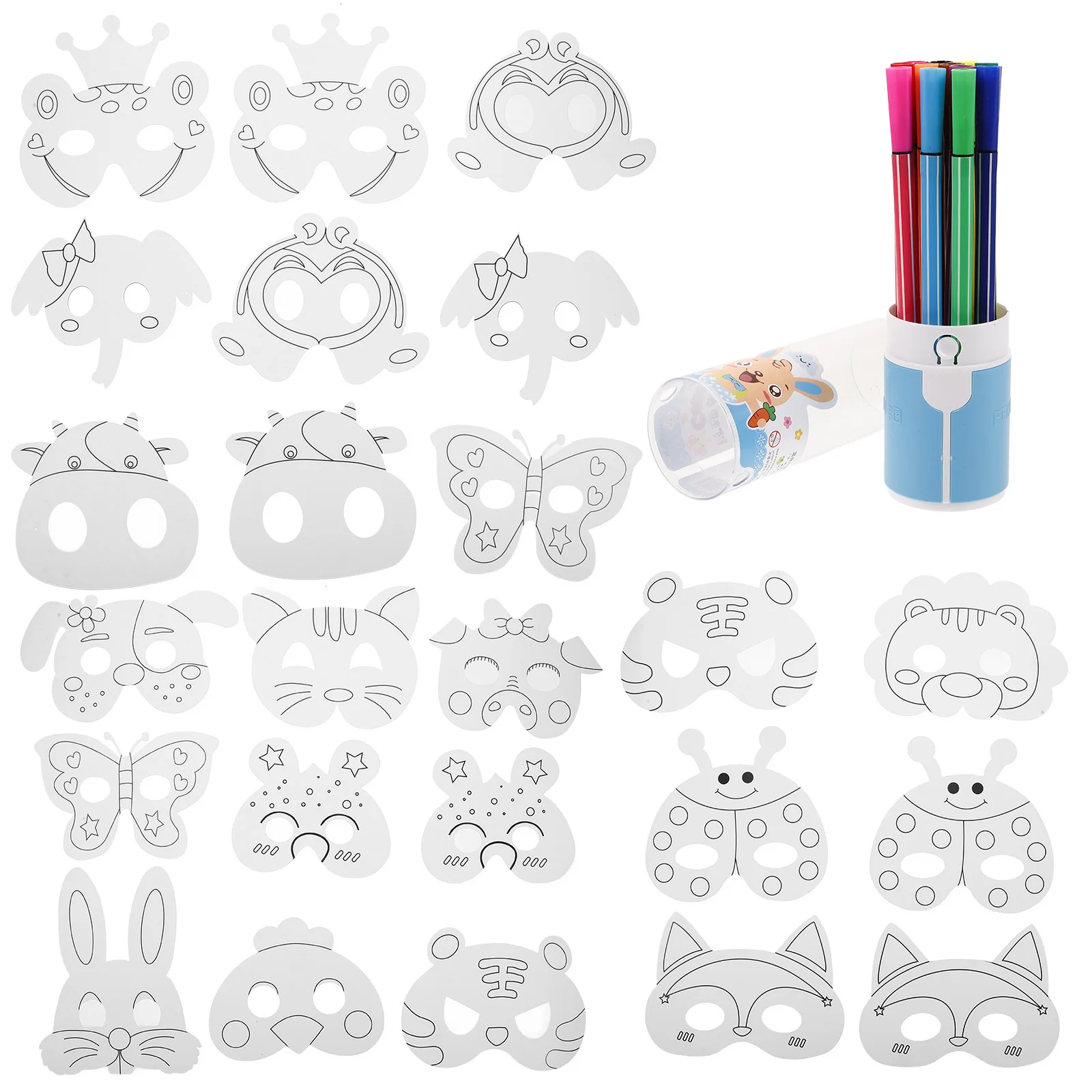 

1 set DIY Masks Set Blank Animal Kids Craft Paintable Plastic Paper Stage Performance Watercolor Pens Included