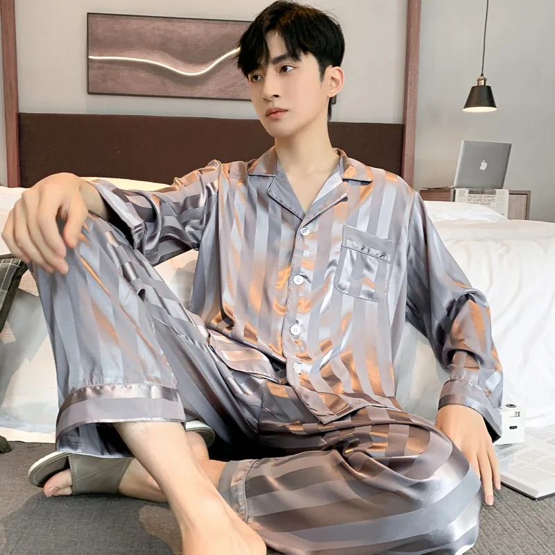 Men\'s Pajama Summer Long-sleeved Ice Silk New High Quality Stain Sleepwear Suit Home Clothes Male Night Wear Pyjamas Gentlemen