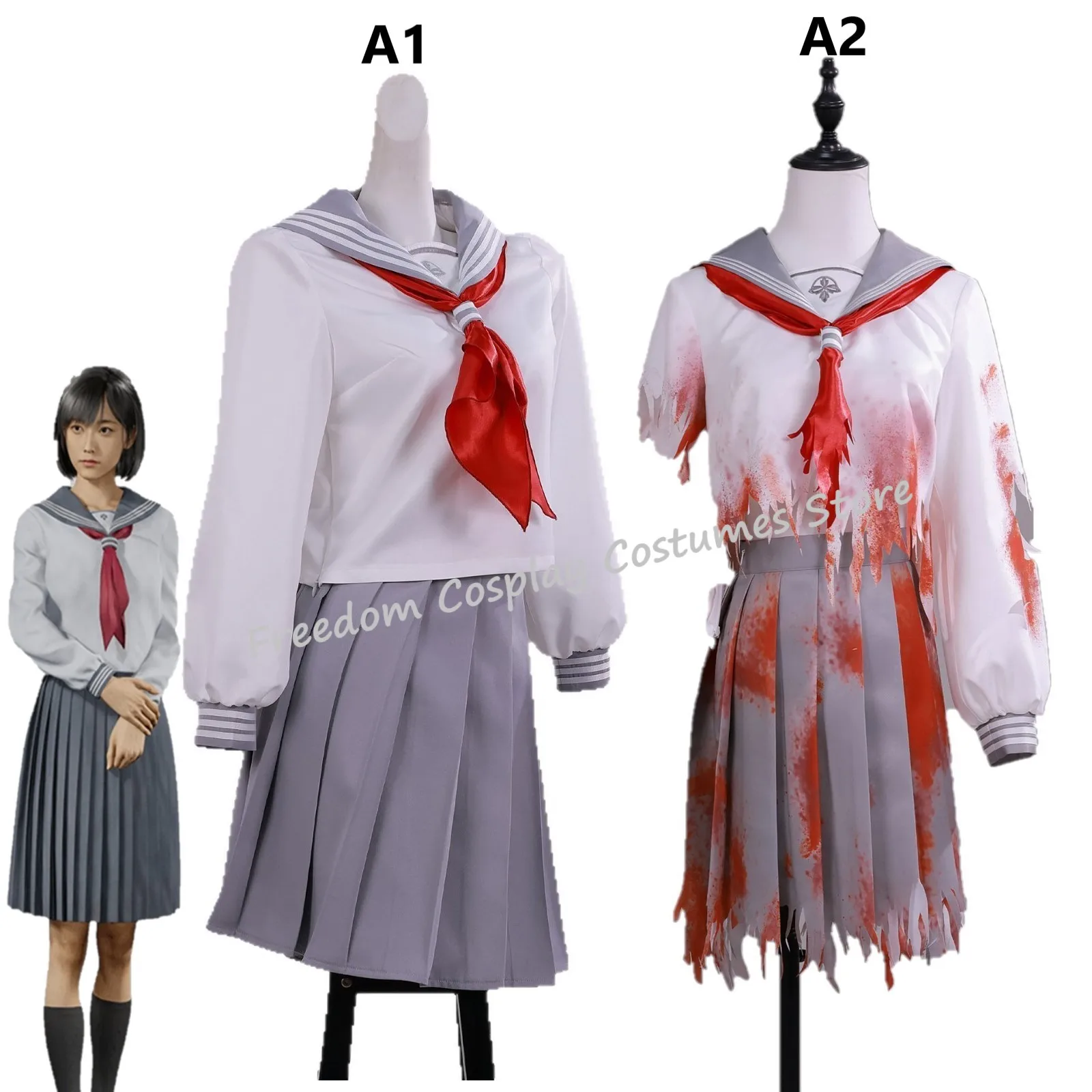 

Game Hinako Shimizu Cosplay Costume wig Women School Grayish-white Blood color JK Uniform Dress Cosplay Halloween party suit