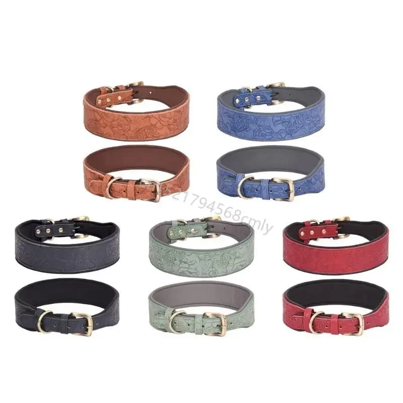 Wide Padded Dogs Collar Embossing Leather Puppy Collars Nopull Outdoor Comfortable Pet Dogs Accessories 6XDE