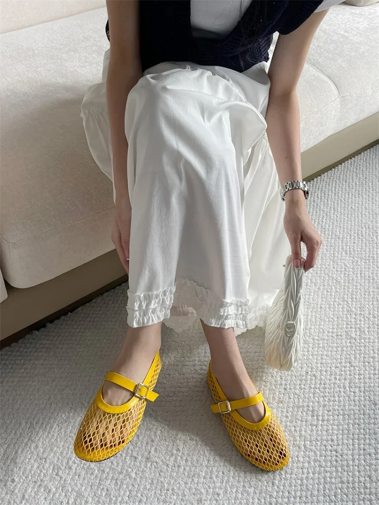 Eilyken Summer Designer Cosy Mesh Heels Women Flat Shoes Fashion Round Toe Buckle Strap Casual Outdoor Dress Sandals