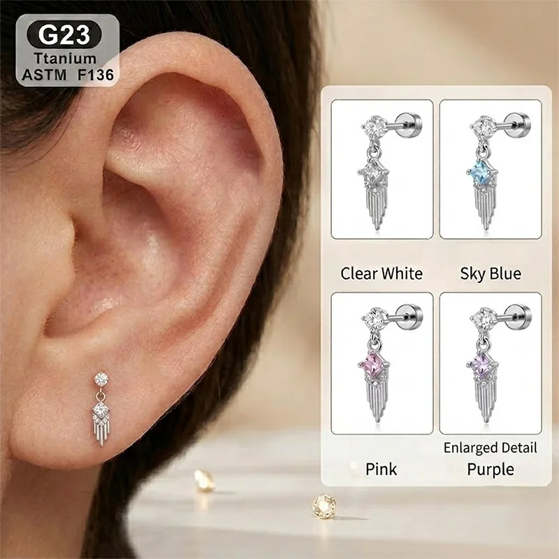 F136 Tassel Earring Radiant Square Gemstone Fringe Design Sparkling Pendant Stud Women Adult Sophisticated Trendy Artistic Stud